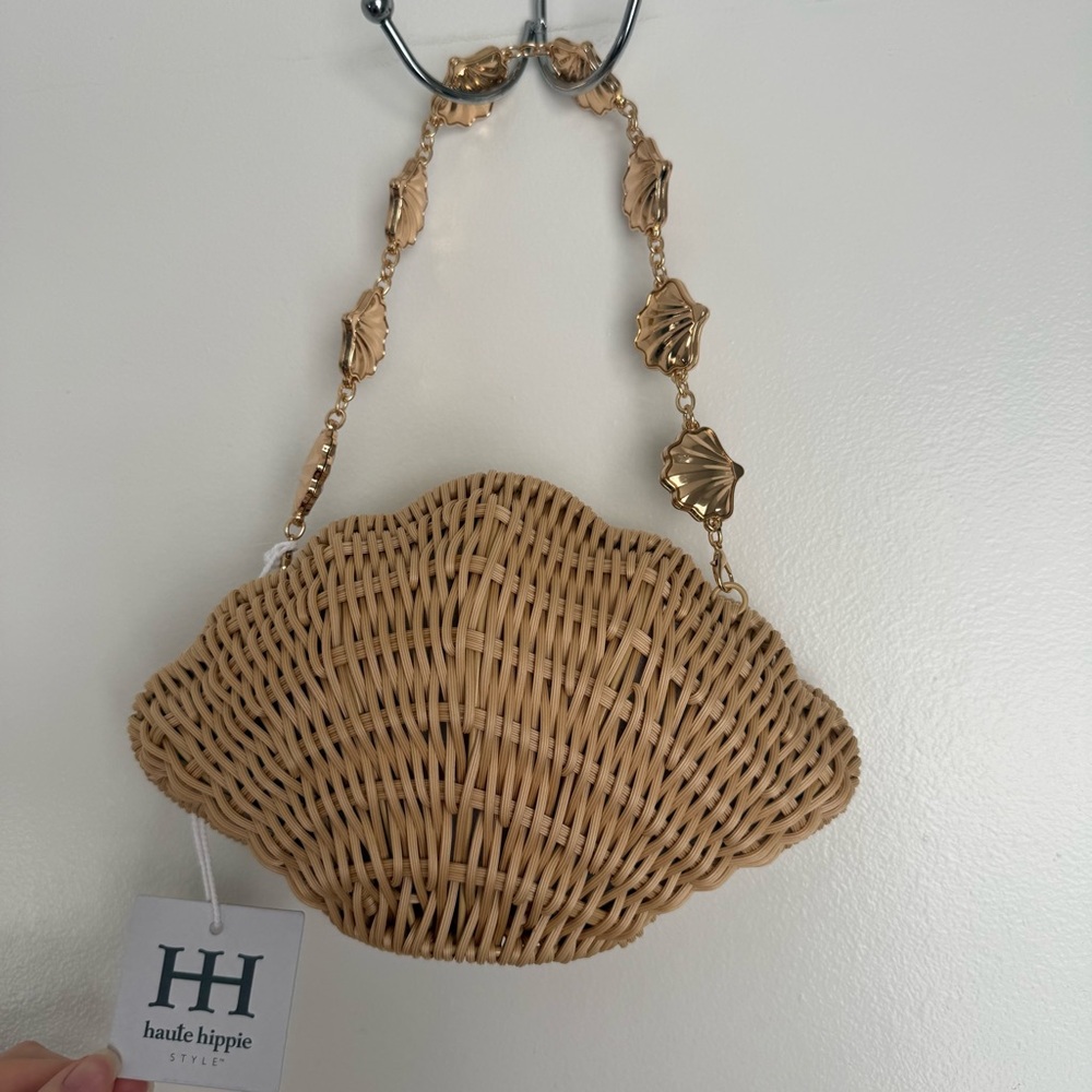 Haute Hippie Tan Woven Clutch with Gold Chain shell summer bag